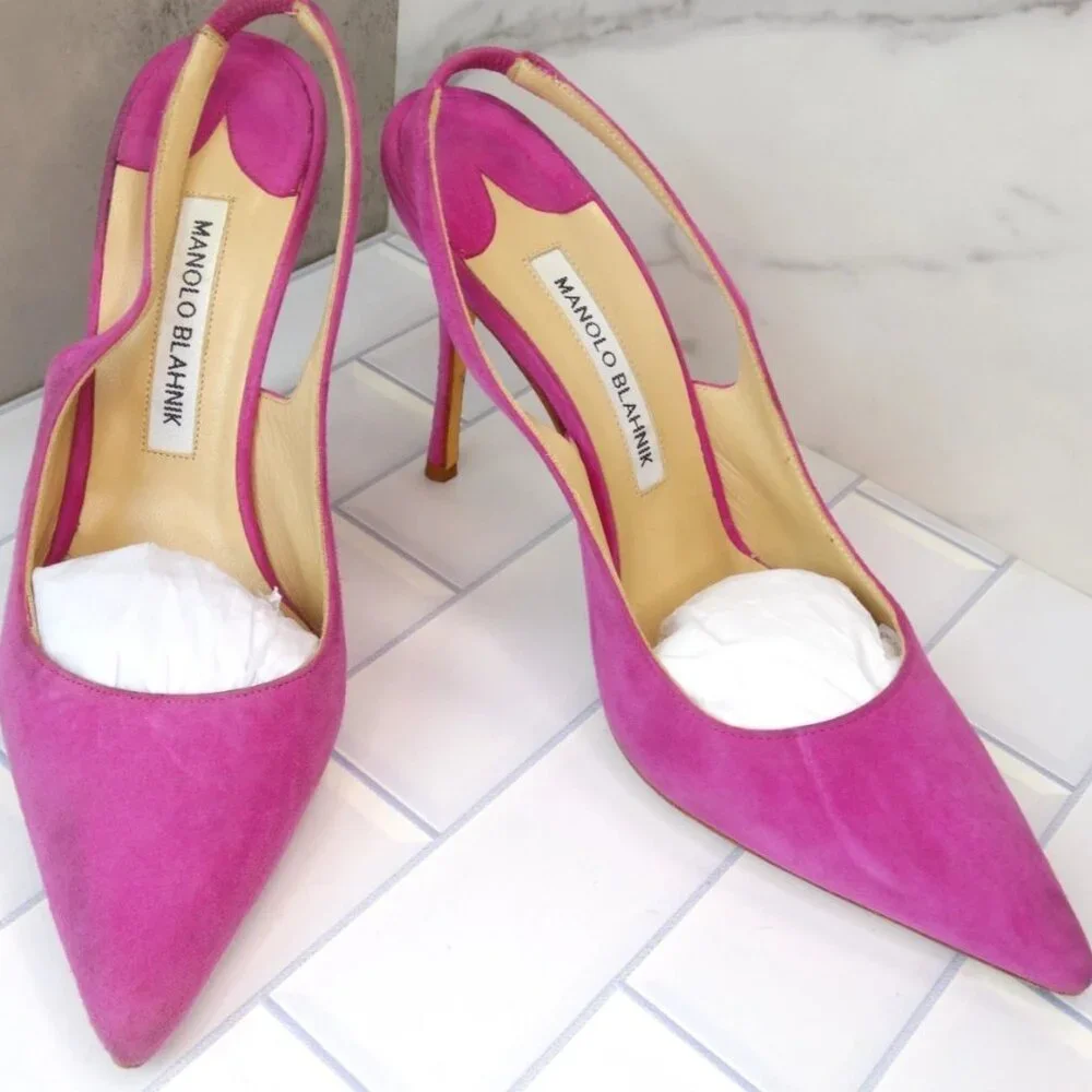 Manolo Blahnik Allura Pink Suede Slingback Pumps Pointed Toe Heels - Picture 1 of 14